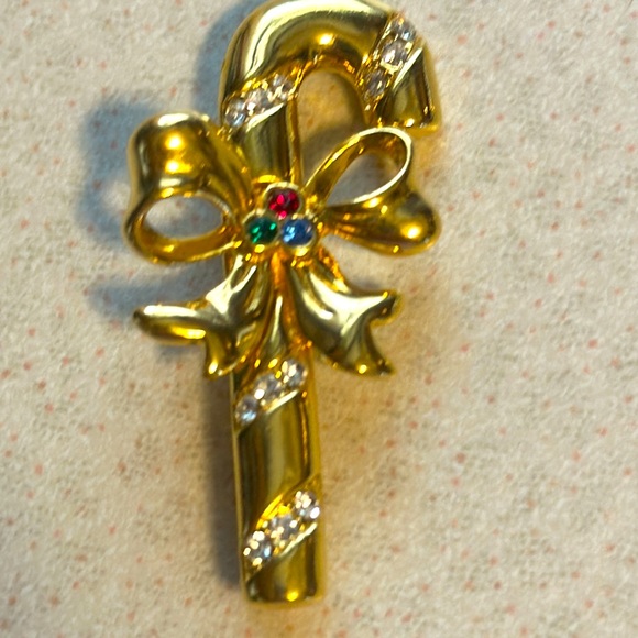 Vintage Merksamer holiday rhinestone candy cane broach gold tone (730) - Picture 2 of 5